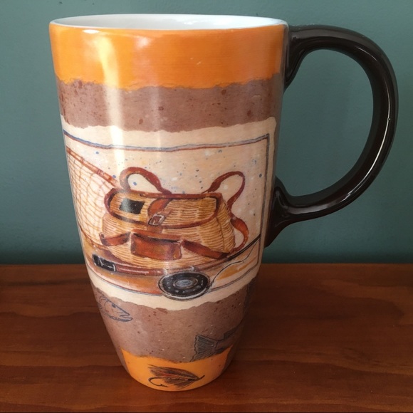 Fishing mug cypress tall 6" tackle box fish pole beige brown coffee cup - Picture 3 of 15